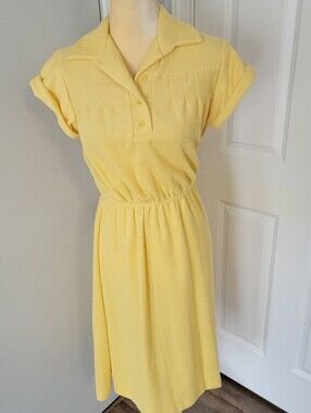 Vtg JCPenney Dress 70s Yellow Terry Cloth Knit House Lounge Size Approx MEDIUM